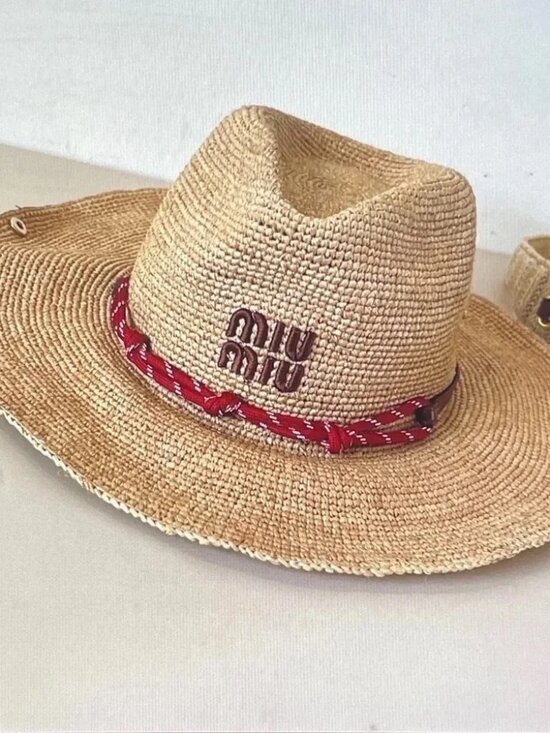 Miu Miu Natural Straw Hat with Red Braided Trim